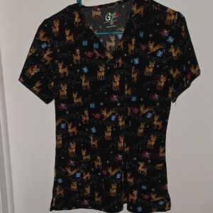 Festive Reindeer Black Scrub Top